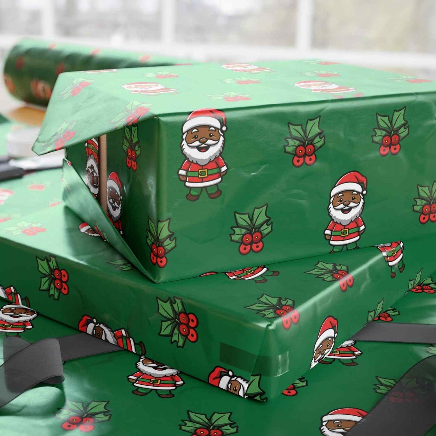 Holly Jolly Santa Wrapping Paper - Green