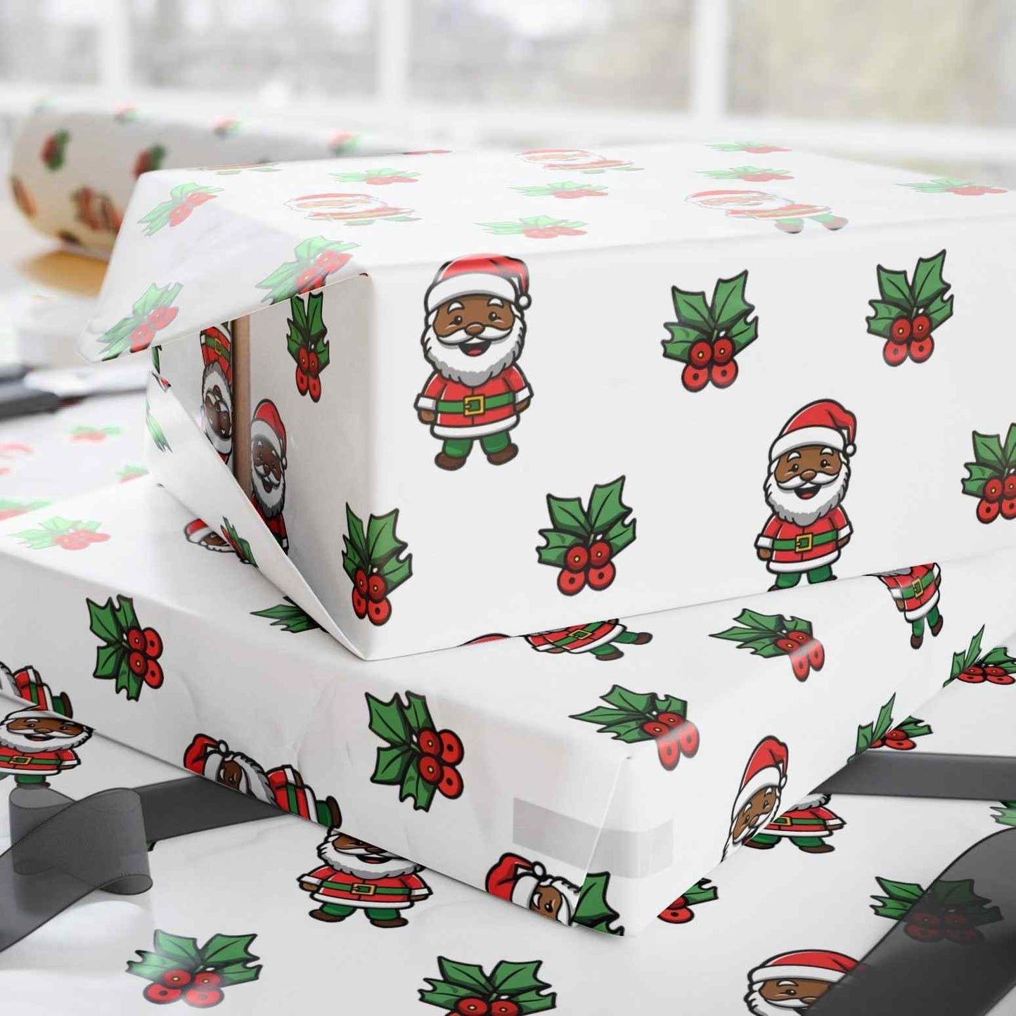 Holly Jolly Santa Wrapping Paper - White